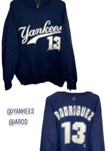 Load image into Gallery viewer, NY Yankees, MLB One of a KIND Vintage Alex Rodriquez 13 Sweatshirt with Overall Swarovski Crystal Design on Sleeve
