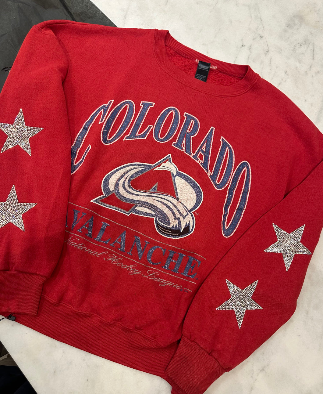 Denver Colorado Avalanche, NHL One of a KIND Vintage Sweatshirt with Crystal Star Design With Custom Name & Number