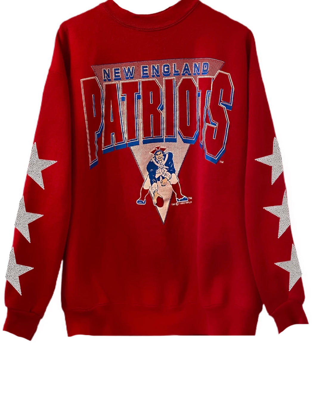 New England Patriots, NFL One of a KIND Vintage Sweatshirt with Three Crystal Star Design with Custom Crystal Name
