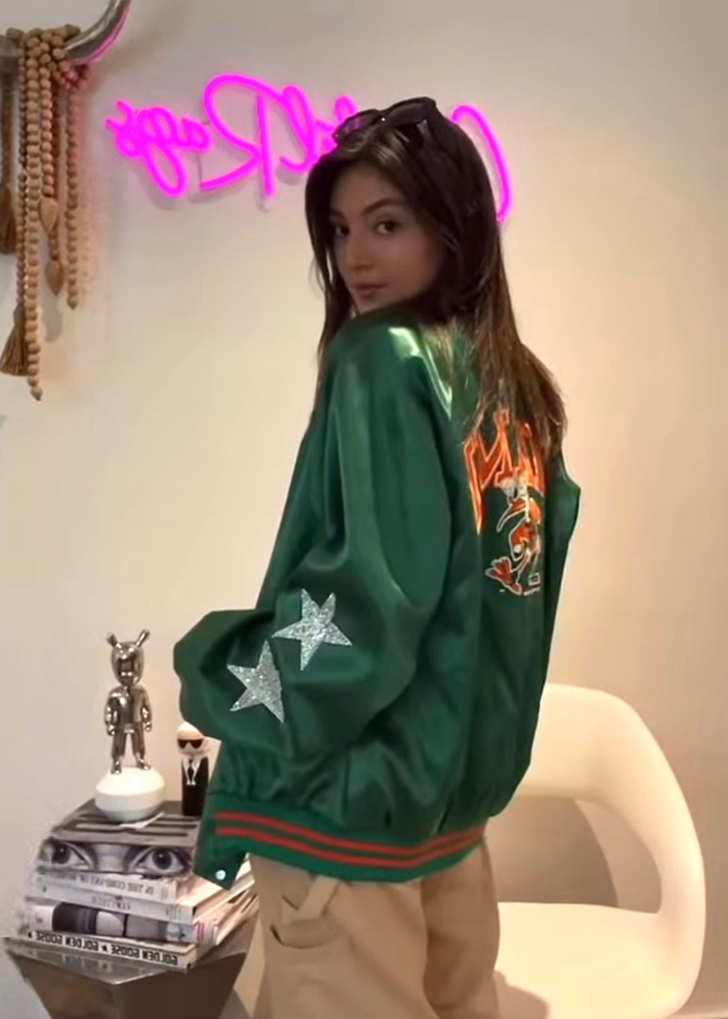University of Miami, One of a KIND ”Rare Find” Vintage Miami Hurricanes, UM Early 80’s Satin Jacket with Crystal Star Design