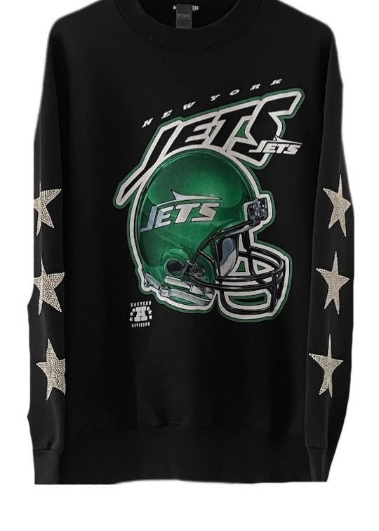 NY Jets, NFL One of a KIND Vintage Sweatshirt with Three Crystal Star Design , Custom Crystal Name