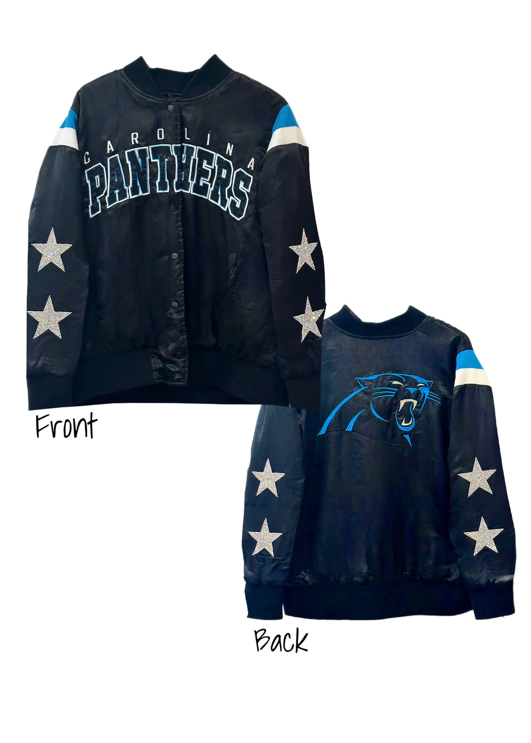 Carolina Panthers, Football One of a KIND Soft Satiny Vintage Bomber Jacket with Crystal Star Design