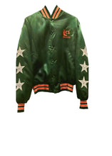 Load image into Gallery viewer, University of Miami, One of a KIND “Rare Find” Miami Hurricanes, UM Vintage Satin Bomber Jacket with Three Crystal Star Design
