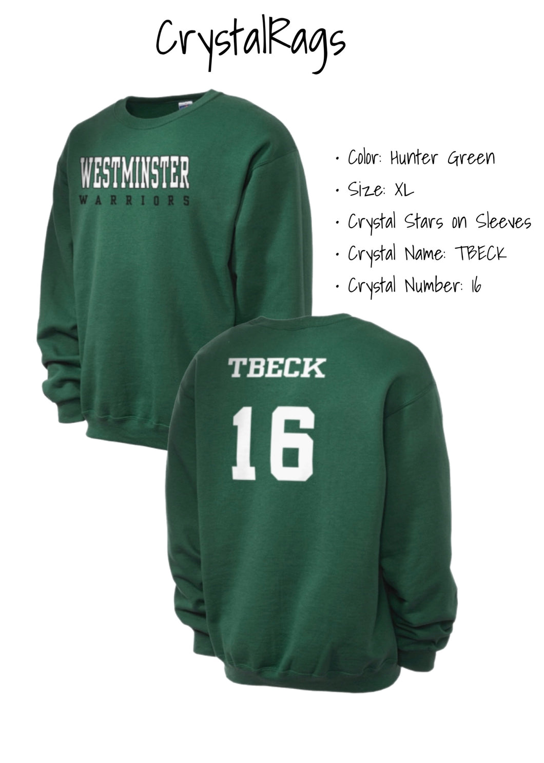 Westminster Christian School, One of a KIND Sweatshirt with Crystal Star Design, Custom Crystal Name & Number
