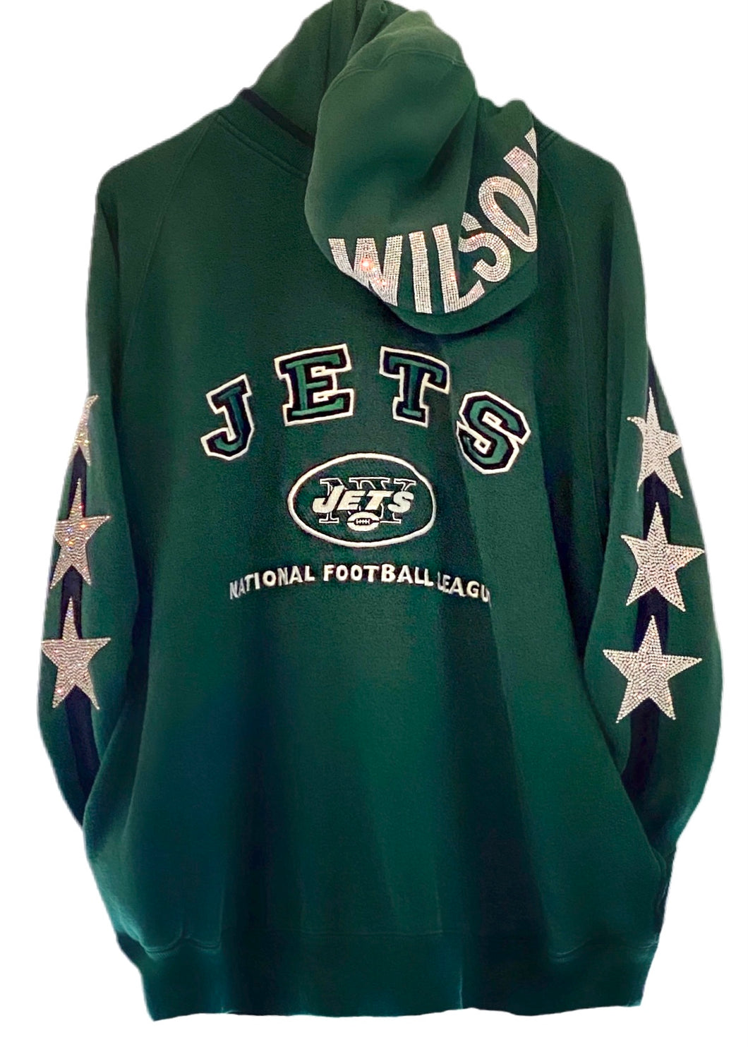 NY Jets, NFL One of a KIND Vintage Hoodie with Three Crystal Star Design - Custom Crystal Name on Hoodie
